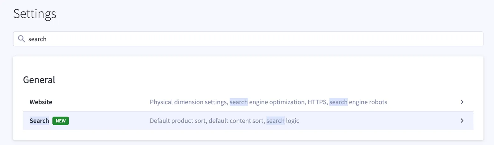 The control panel Settings page filtered by the term search, showing the Search settings entry under General with the description Default product sort, default content sort, search logic.