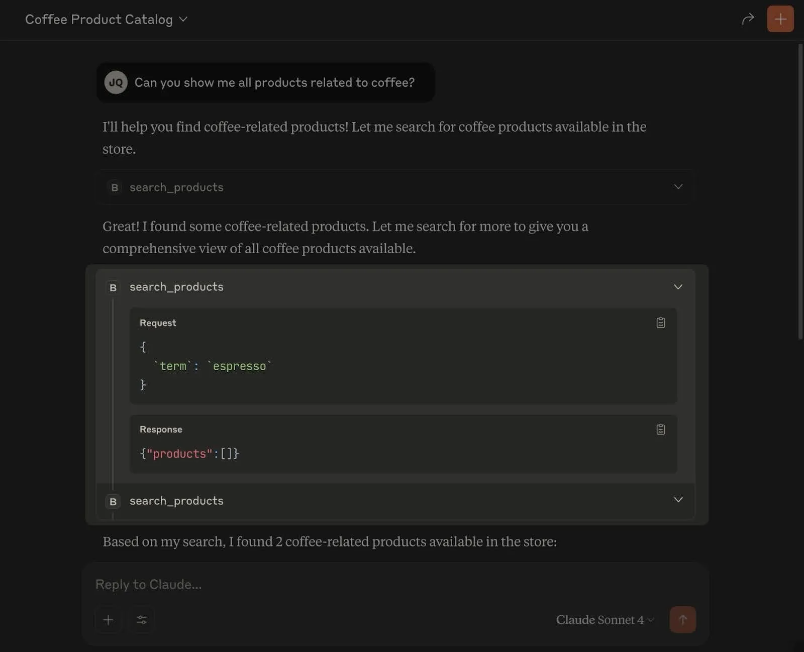 Expanded view showing the search_products request body and matching product results