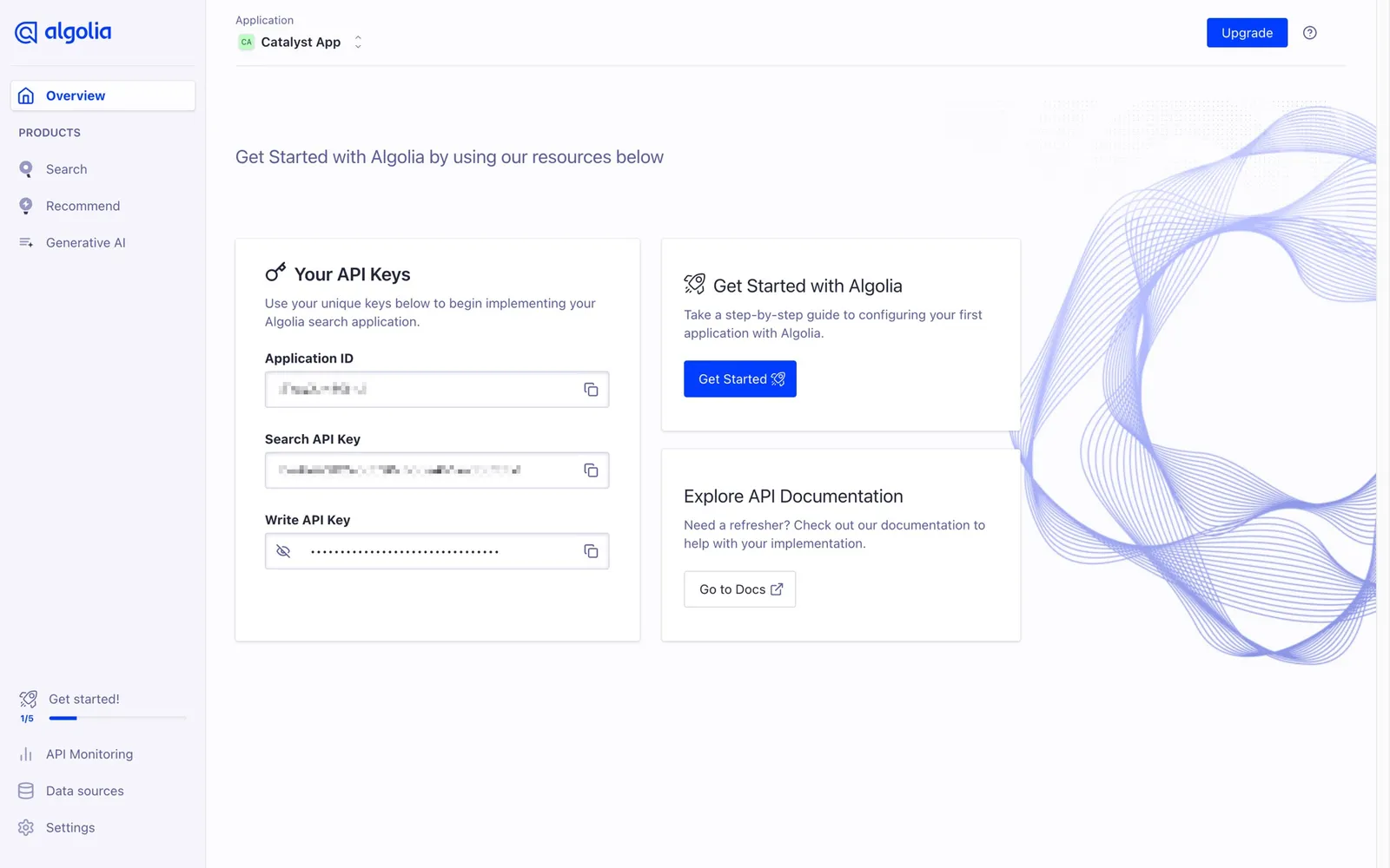 Algolia application overview showing the Application ID and Search API Key