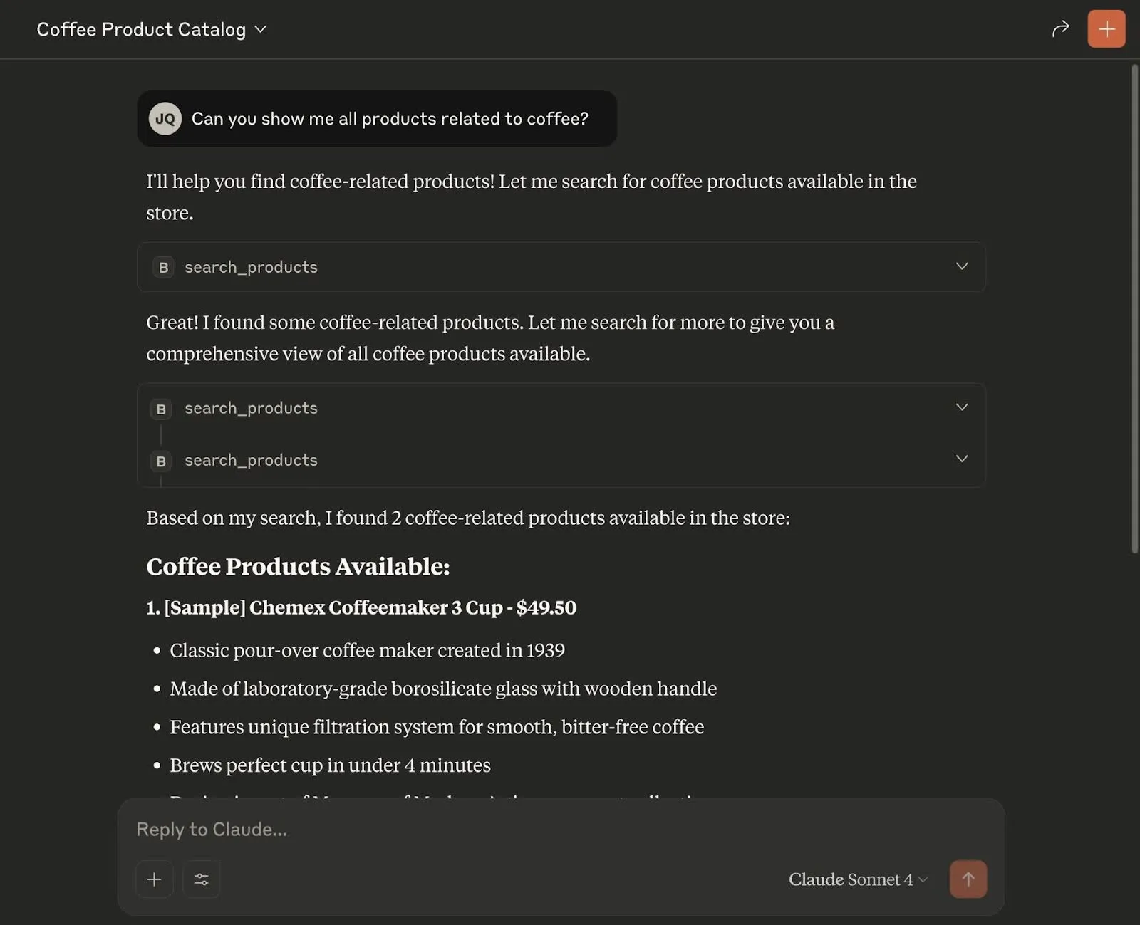 Claude's response showing search_products was called with the term espresso