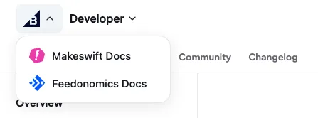 BigCommerce logo opened to reveal a dropdown with links to the Makeswift and Feedonomics docs sites