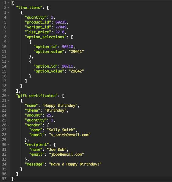 Example request body for adding a product with variant and a gift certificate to a cart