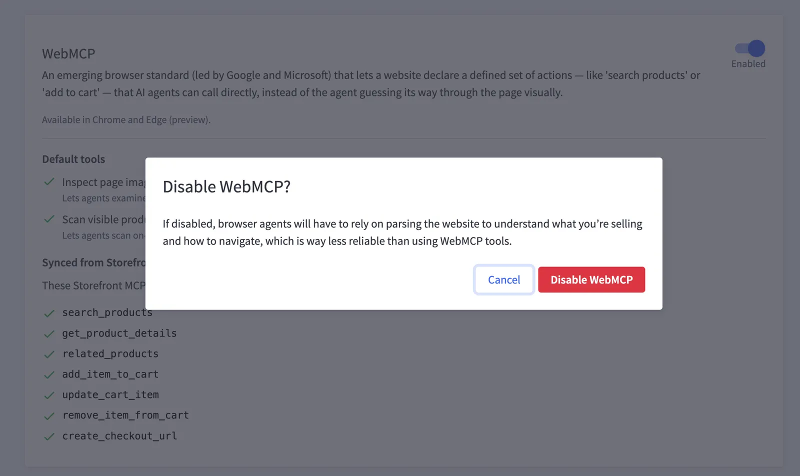 Disable WebMCP confirmation dialog with Cancel and Disable WebMCP buttons