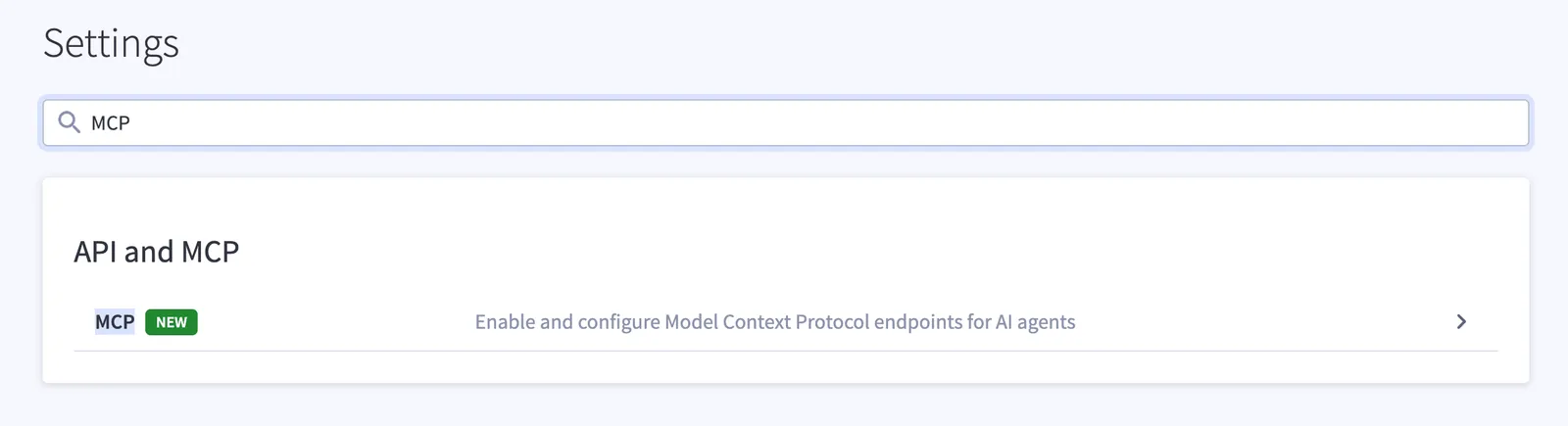 Settings page search for MCP, showing the MCP entry under API and MCP