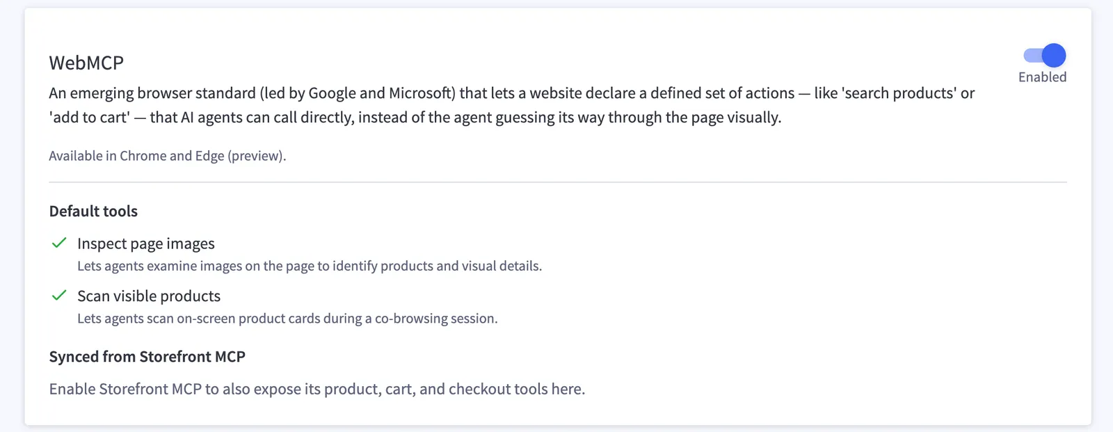 WebMCP card with WebMCP enabled, listing the default tools Inspect page images and Scan visible products, and a prompt to enable Storefront MCP to expose product, cart, and checkout tools