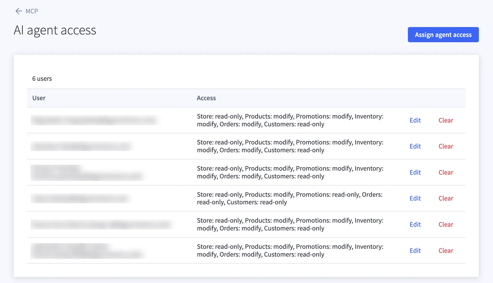 AI agent access page listing users with their granted scopes, Edit and Clear links, and the Assign agent access button