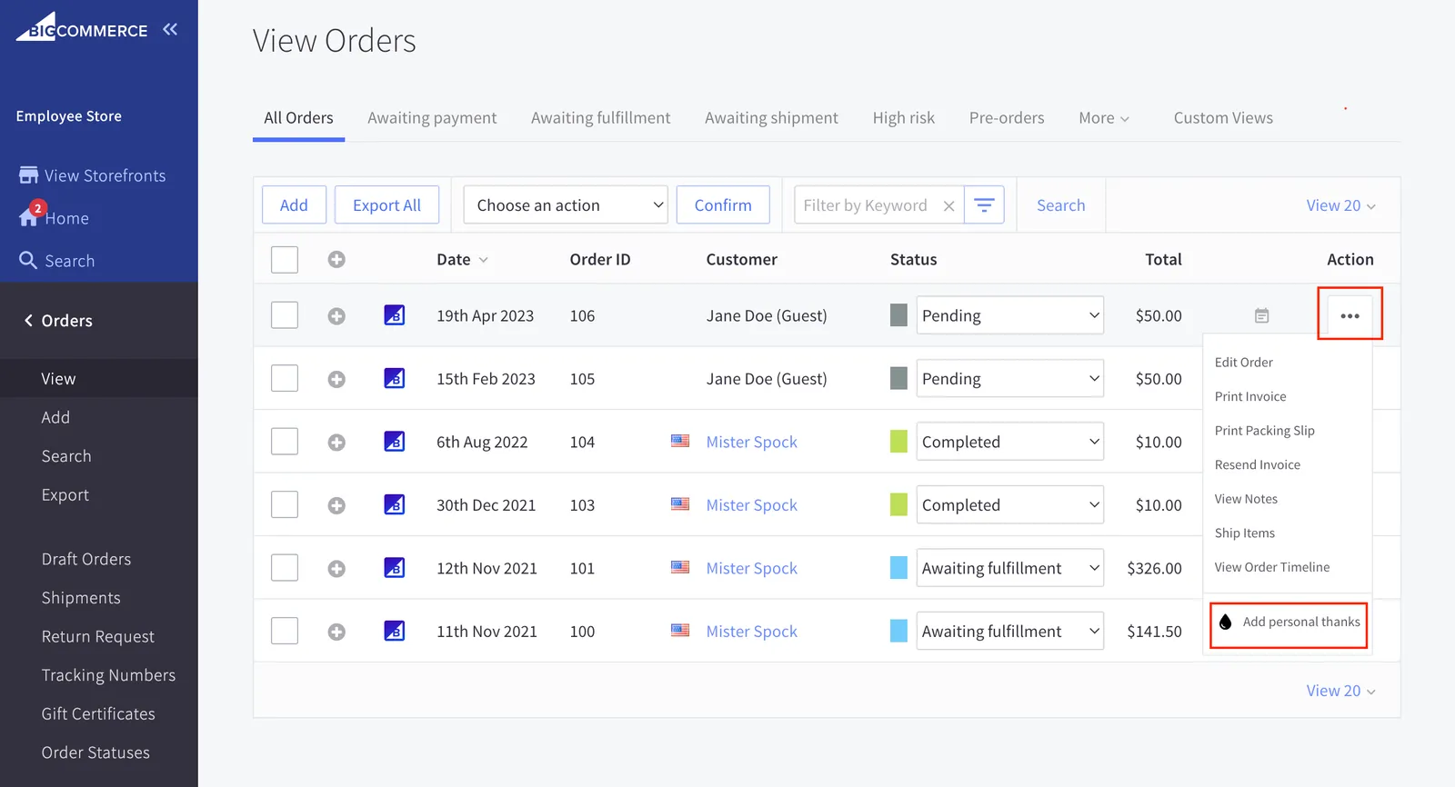 An App Extension menu item on the Orders page, with the link text highlighted. For more info, see the App Extensions Glossary.
