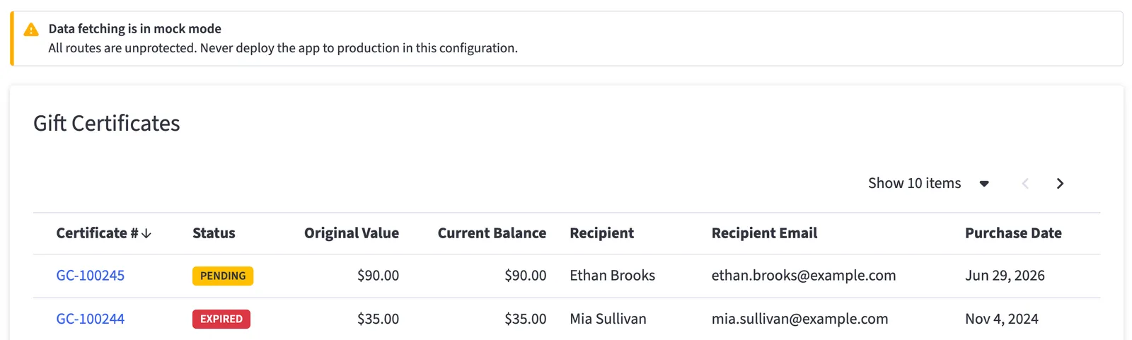 Gift certificates list with mock data