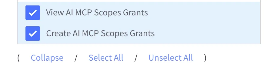 User permissions with View AI MCP Scopes Grants and Create AI MCP Scopes Grants selected