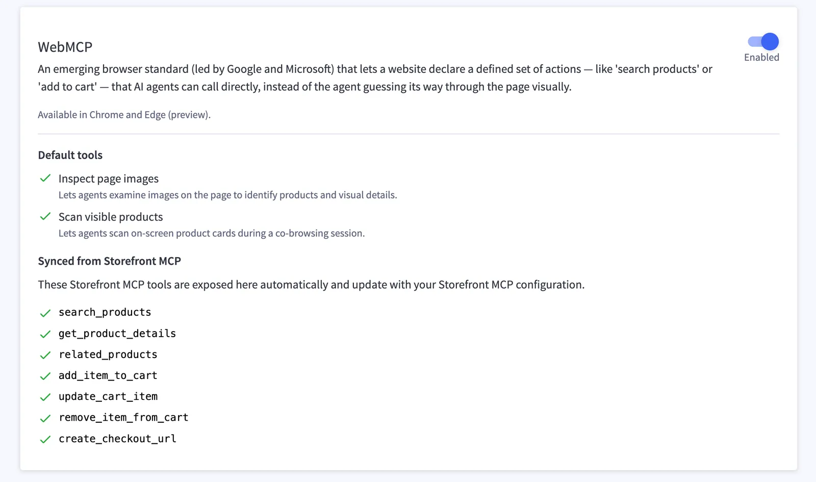 WebMCP card with WebMCP enabled, listing the default tools and the tools synced from Storefront MCP, including search_products, add_item_to_cart, and create_checkout_url