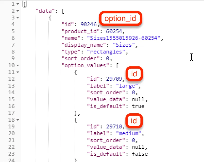 Option IDs and variant option IDs in response
