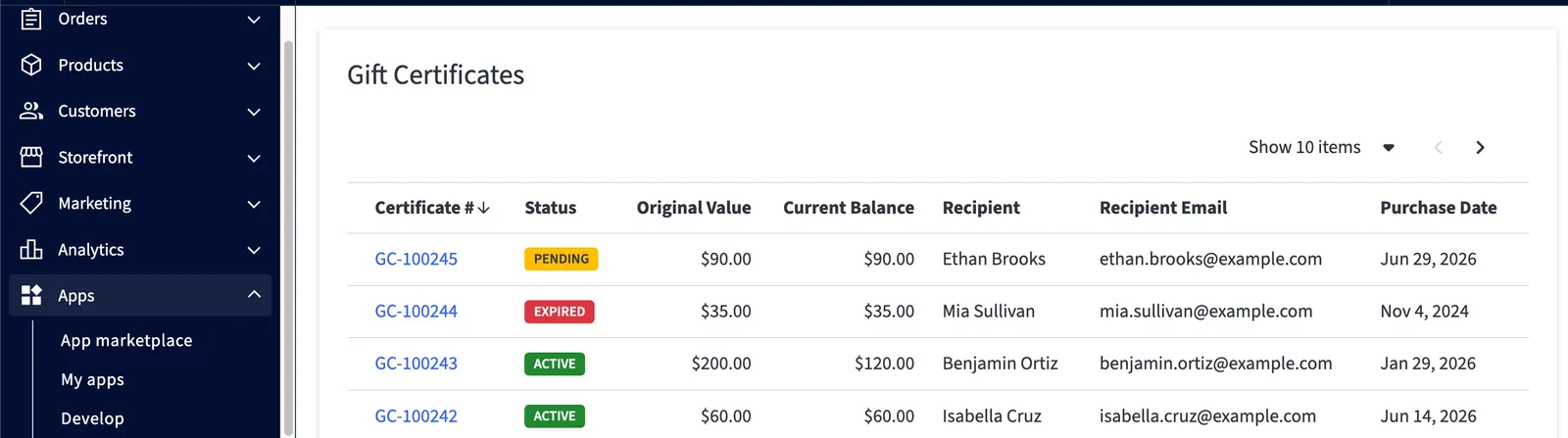 Gift certificates list in control panel