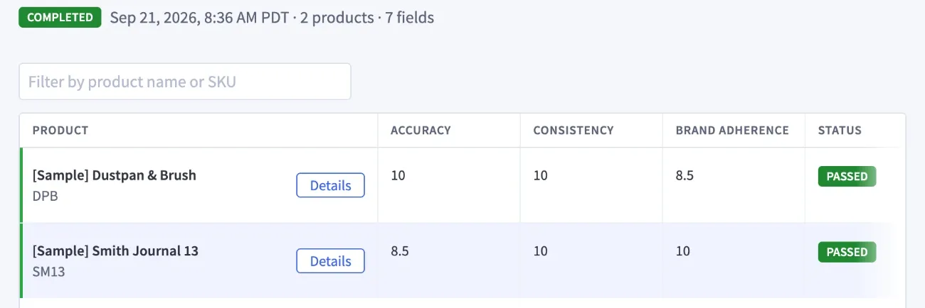 Enrichment results table listing products with columns for accuracy, consistency, and brand adherence scores and a status column. Two products are listed, each scoring between 8.5 and 10 across the factors, both marked passed.
