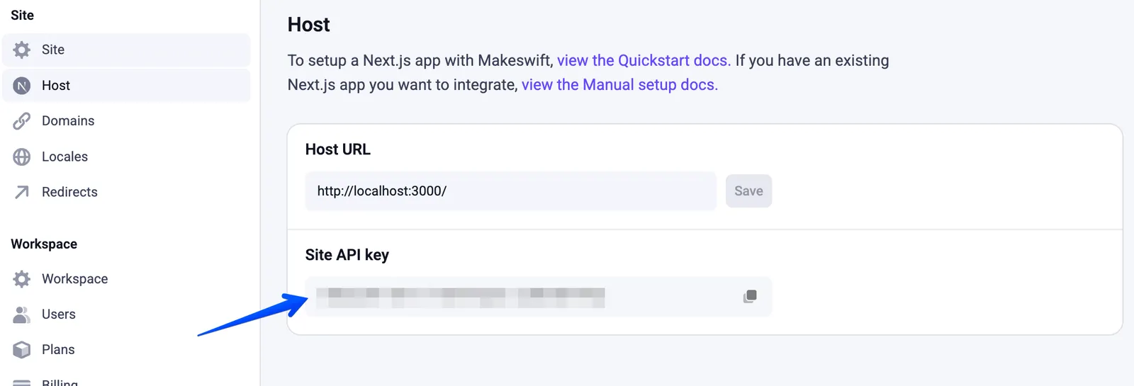 The API key in Makeswift site settings