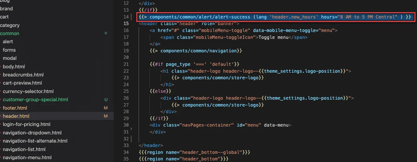 Adding the new hours component to the header template