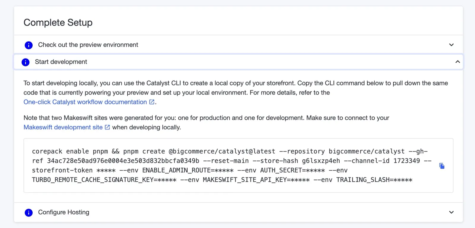 Catalyst storefront dashboard showing a complete setup section that includes a terminal command.