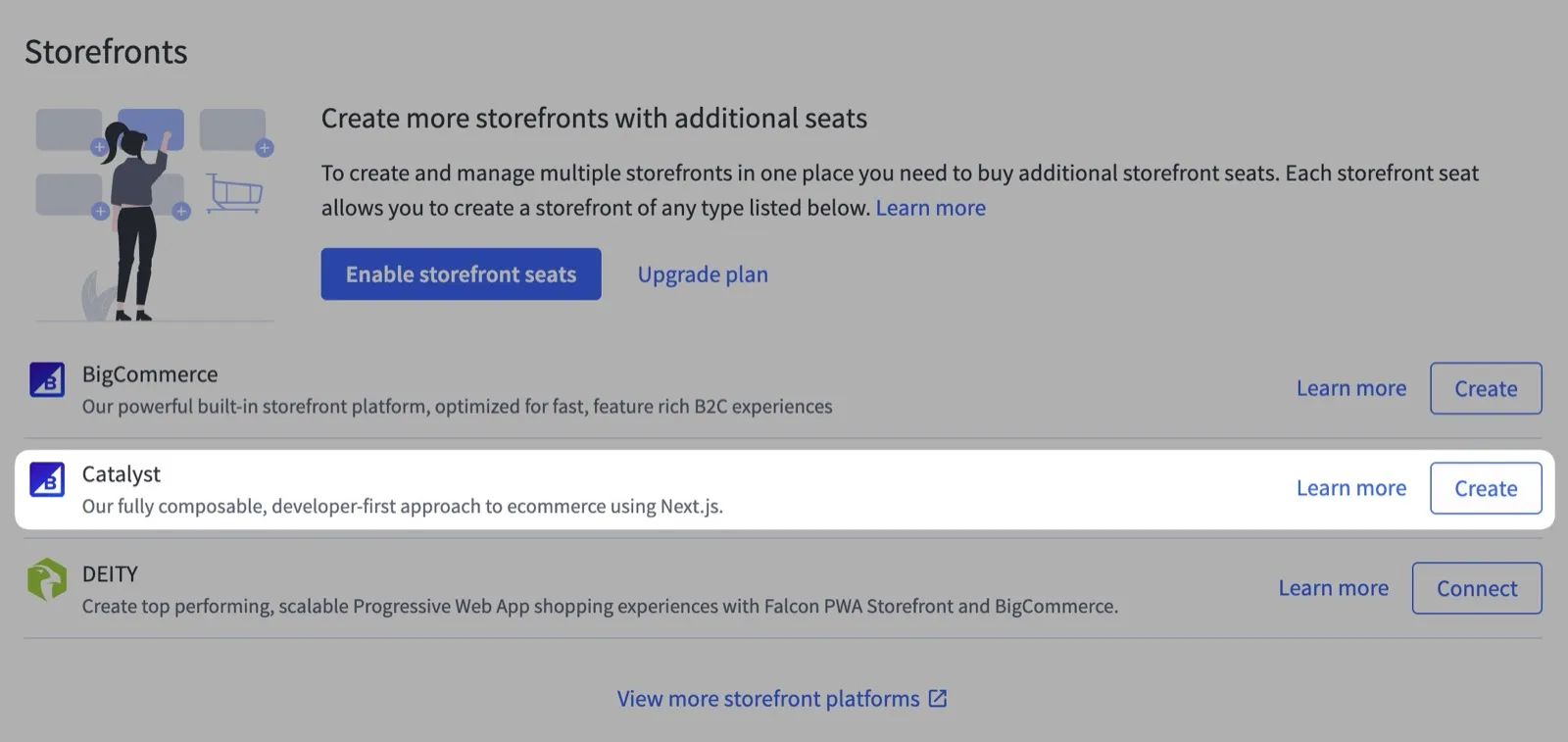 Options for creating a new storefront in BigCommerce