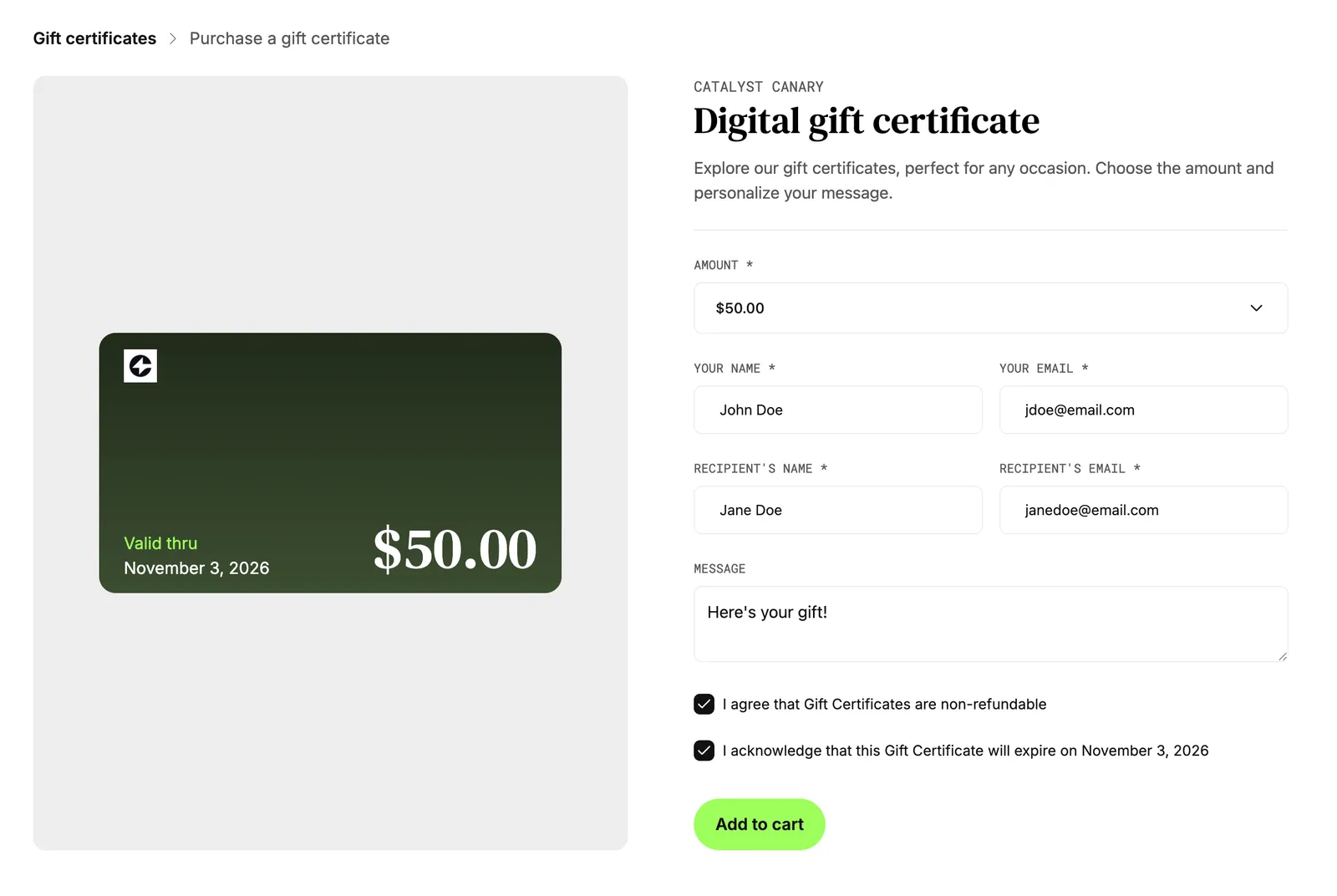 Gift Certificate Preview