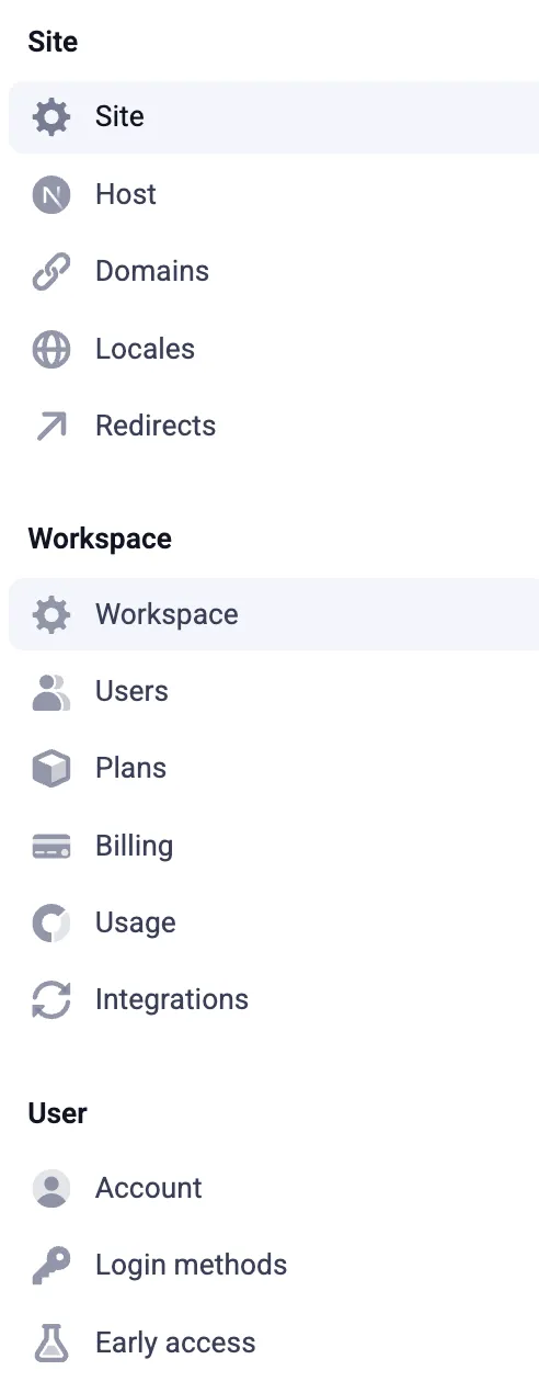 Site and workspace settings
