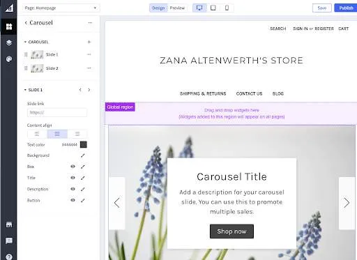 Widget template schema settings after adding a Carousel widget to the page
