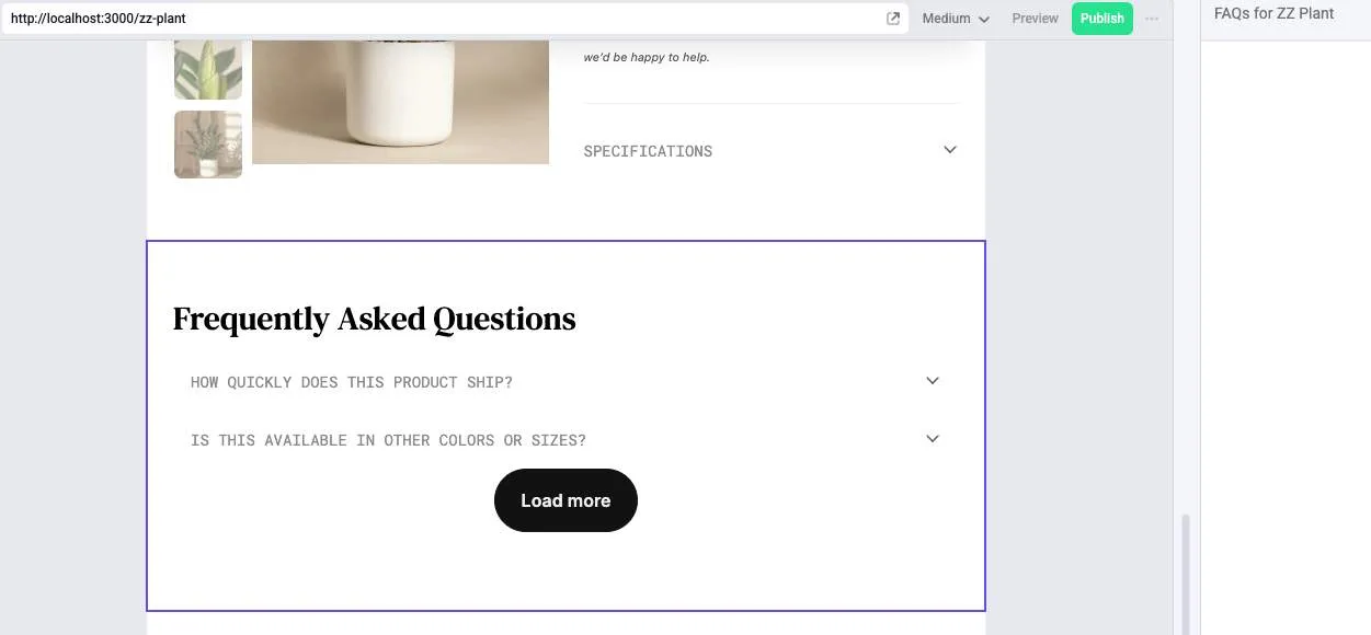Selecting the FAQ component in the editor
