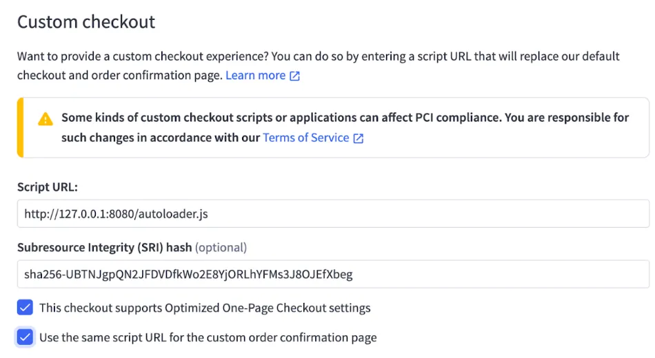 Custom checkout settings