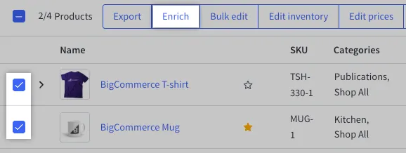 Two products selected on the product list with the Enrich action highlighted.