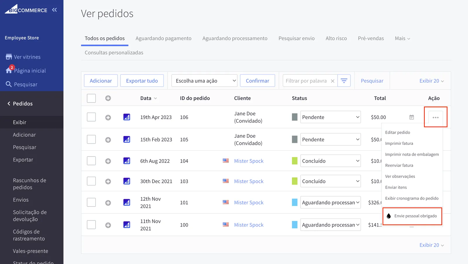 A link version of the same App Extension menu item on the Orders page as the preceding set of tabs, rendered in a control panel configured to use Portuguese.