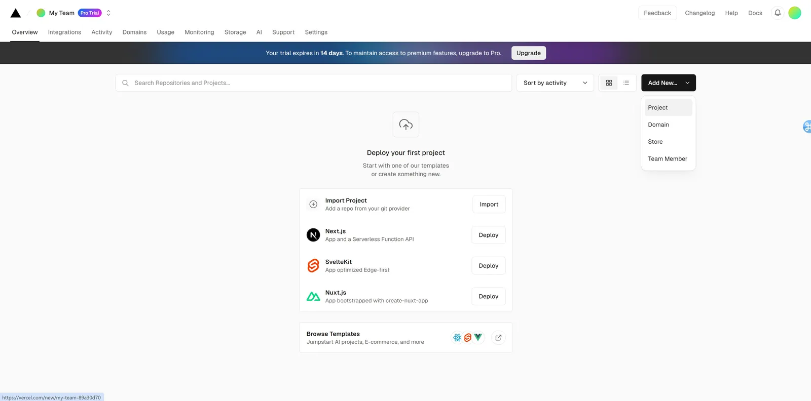 Vercel overview page